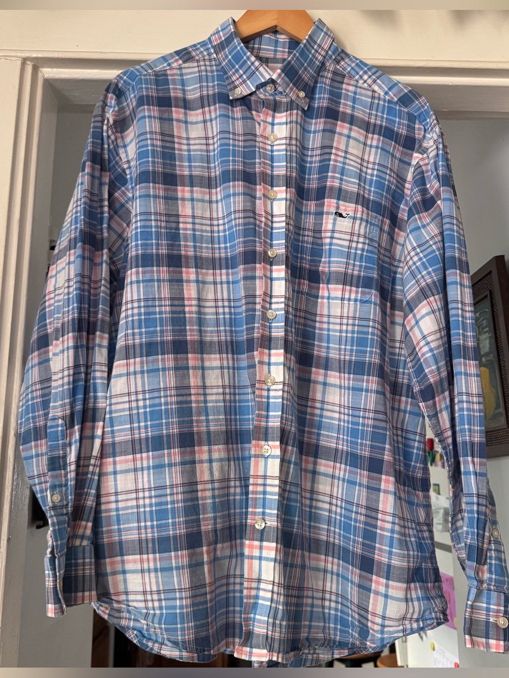 Mens Vineyard Vines Classic Fit Tucker Plaid Button Up Casual Shirt‎ pink blue